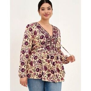 Torrid Embroidered Floral Blouse Sz 2X Babydoll‎ Boho Tunic Long Sleeve Tasseled